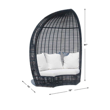 Wicker egg-shaped chair with white cushions and dimensions on a white background