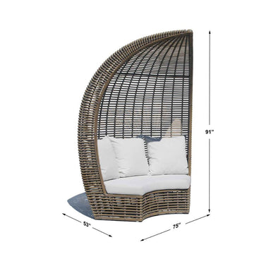 Wicker egg-shaped chair with white cushions and dimensions on a white background