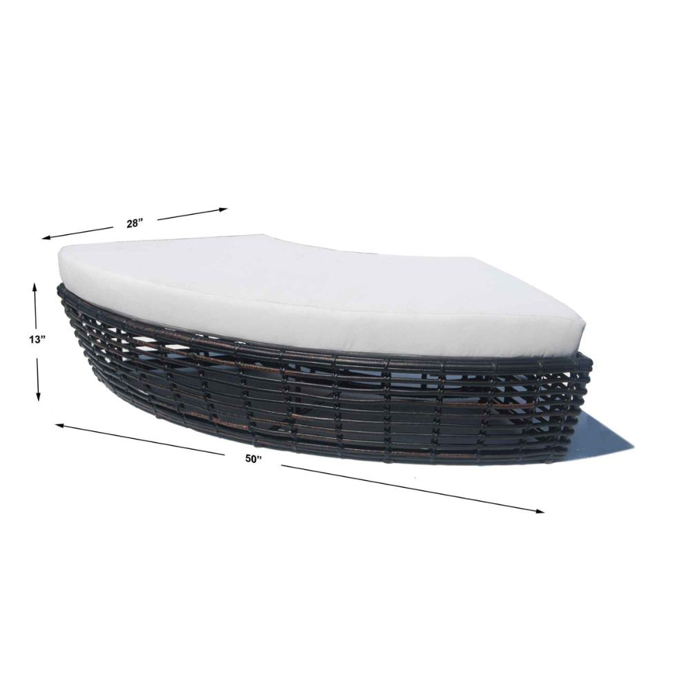 Oval-shaped wicker bench with white cushion and dimensions on a white background