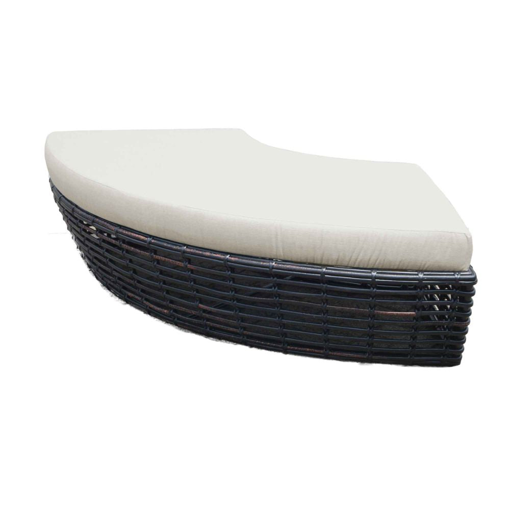 Wicker outdoor chair with a white cushion on a white background