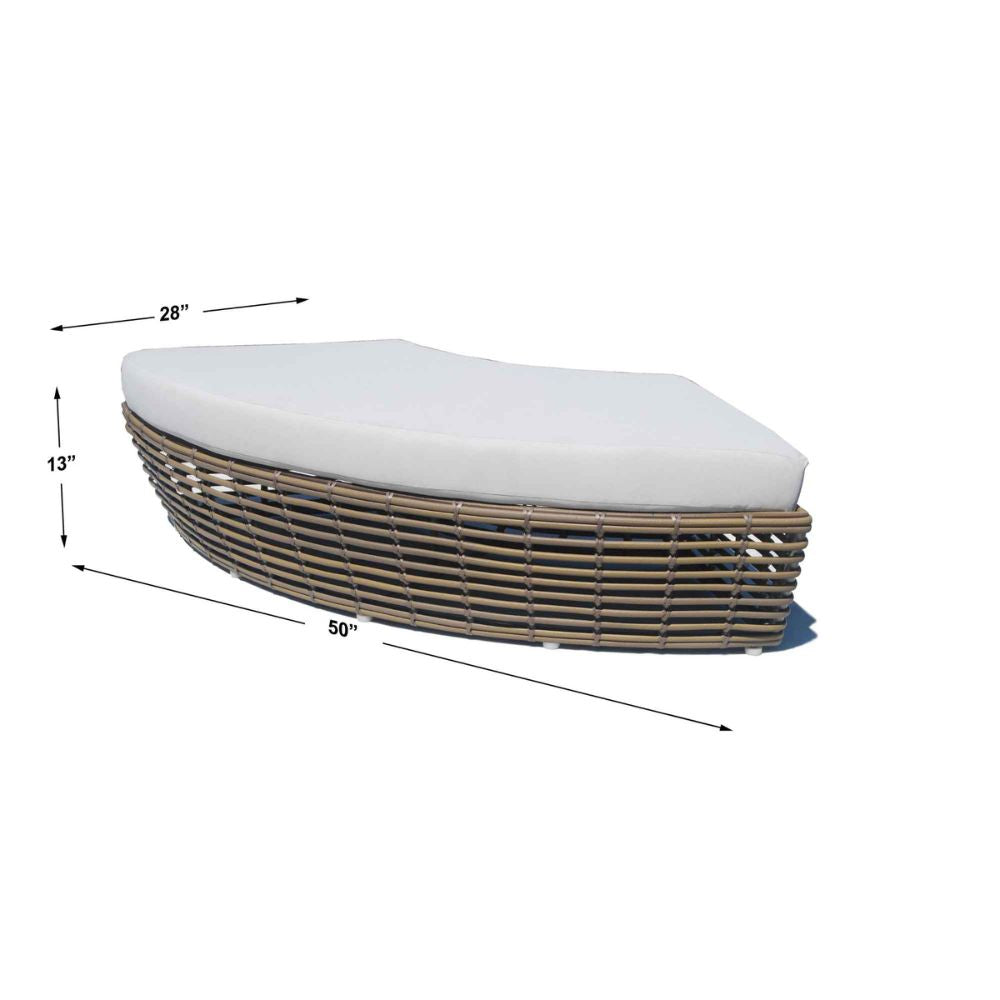 Oval-shaped wicker bench with white cushion and dimensions on a white background