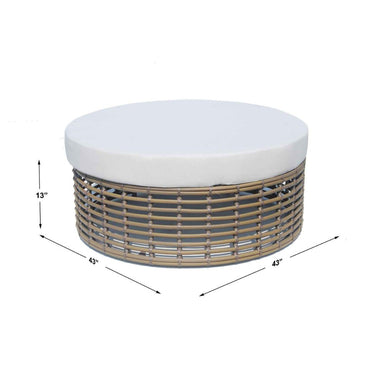 Round ottoman with wicker frame and white cushion, shown with dimensions on a white background.