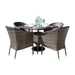 Outdoor dining set with four wicker chairs and a round table on a white background