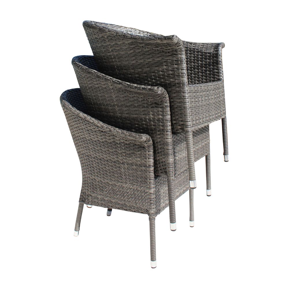 Set of four gray wicker chairs on a white background