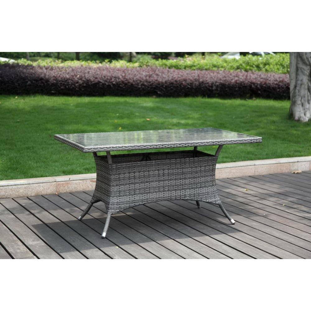 Outdoor patio table with glass top on a wooden deck
