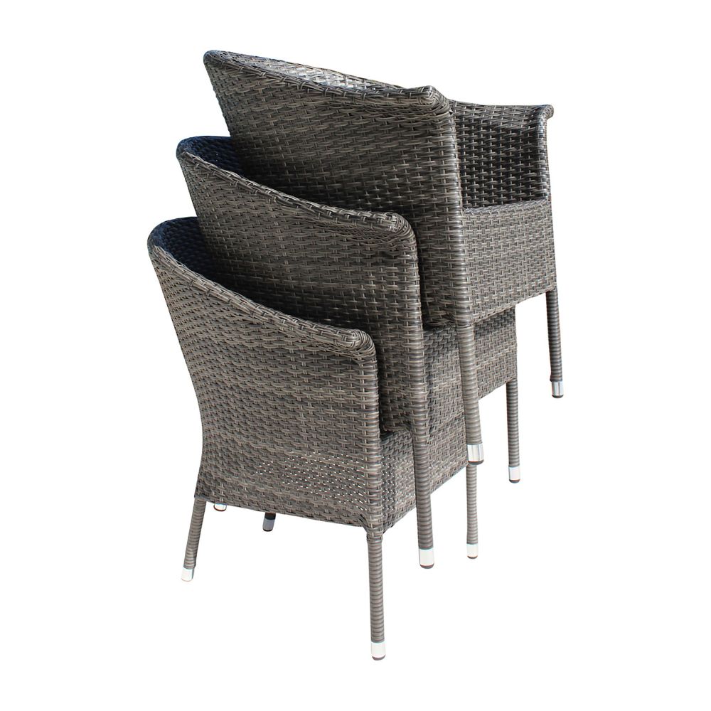 Three gray wicker chairs stacked on a white background