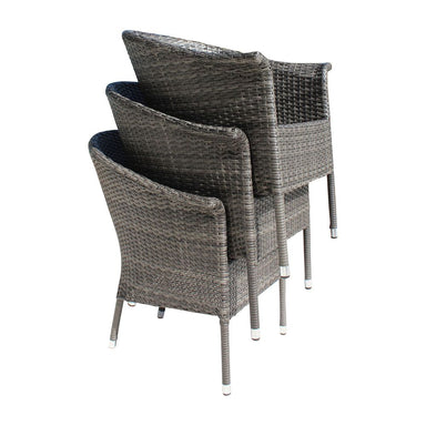 Three gray wicker chairs stacked on a white background