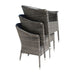 Three gray wicker chairs stacked on a white background