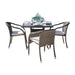 Outdoor dining set with four chairs and a glass table on a white background