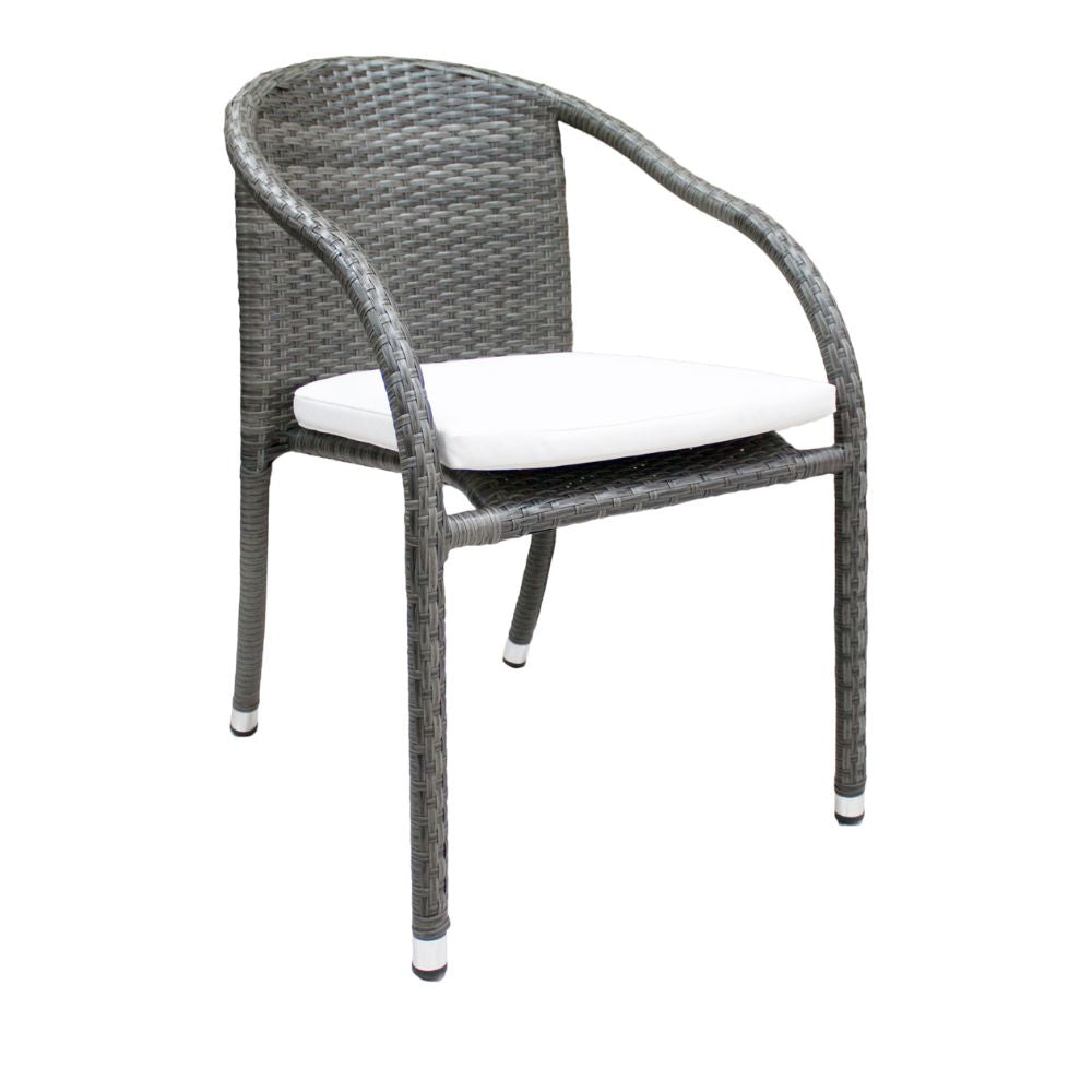 Gray wicker chair with a white cushion on a white background