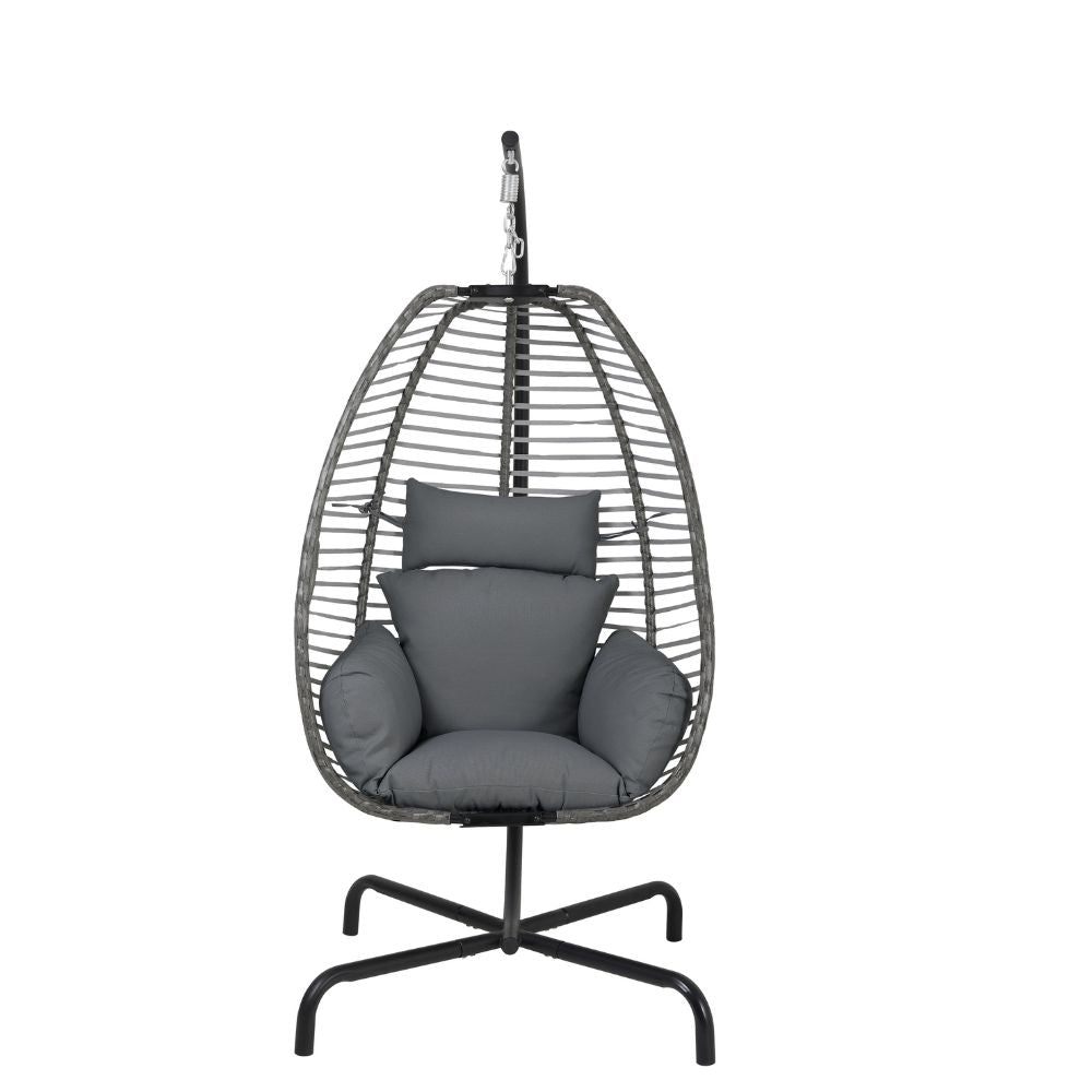Gray hanging egg chair with cushions on a white background