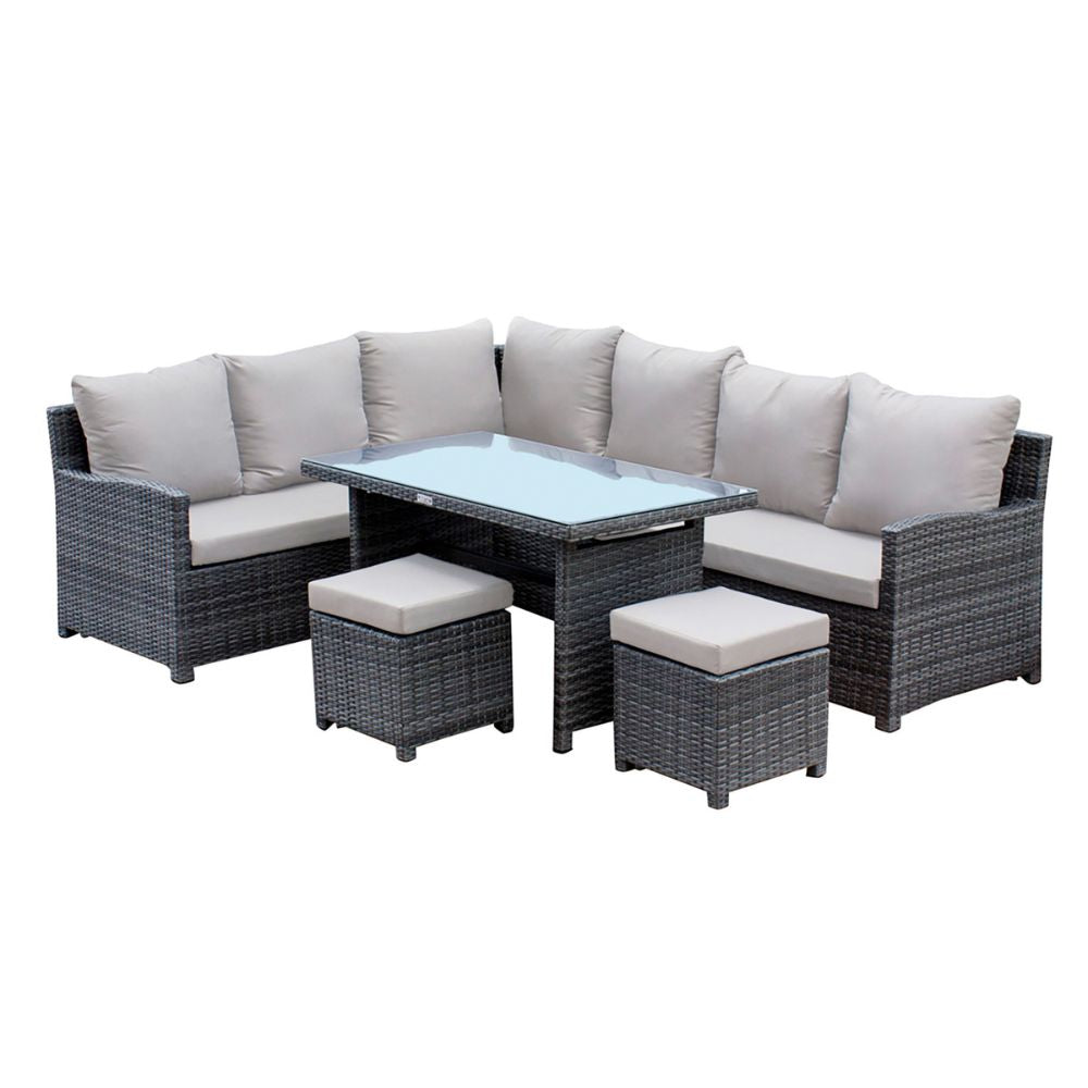 Outdoor furniture set with gray wicker chairs, table, and ottomans on a white background