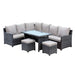 Outdoor furniture set with gray wicker chairs, table, and ottomans on a white background