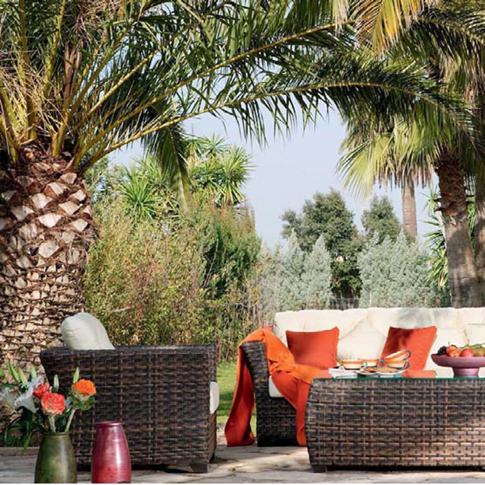 Outdoor patio with wicker furniture, orange cushions, and palm trees.
