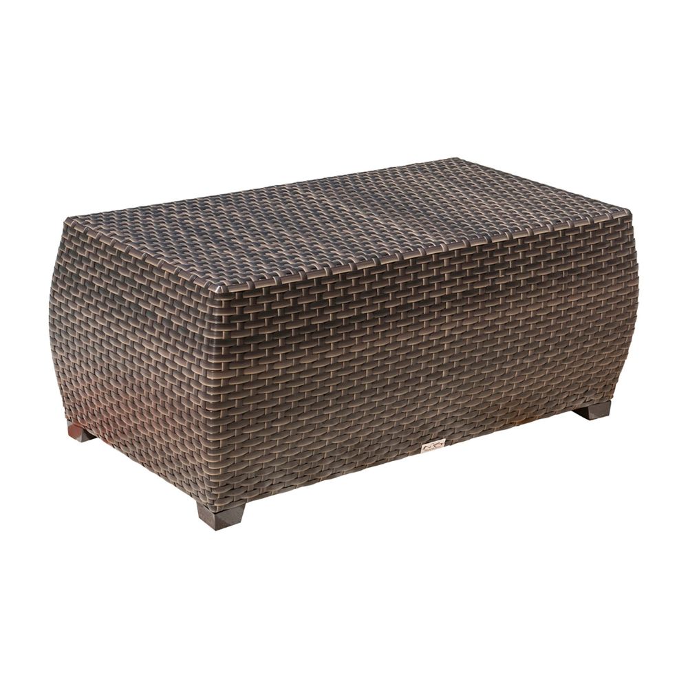 Brown woven storage ottoman on a white background