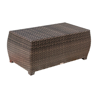 Brown woven storage ottoman on a white background