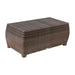 Brown woven storage ottoman on a white background