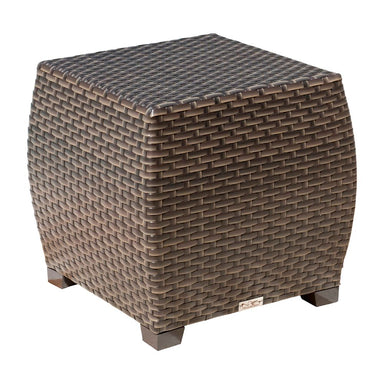 Brown woven cube ottoman on a white background