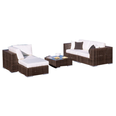 Outdoor furniture set with brown wicker frames and white cushions on a white background