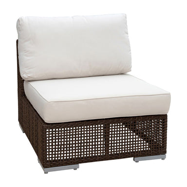 Brown wicker outdoor chair with white cushions on a white background