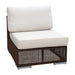 Brown wicker outdoor chair with white cushions on a white background
