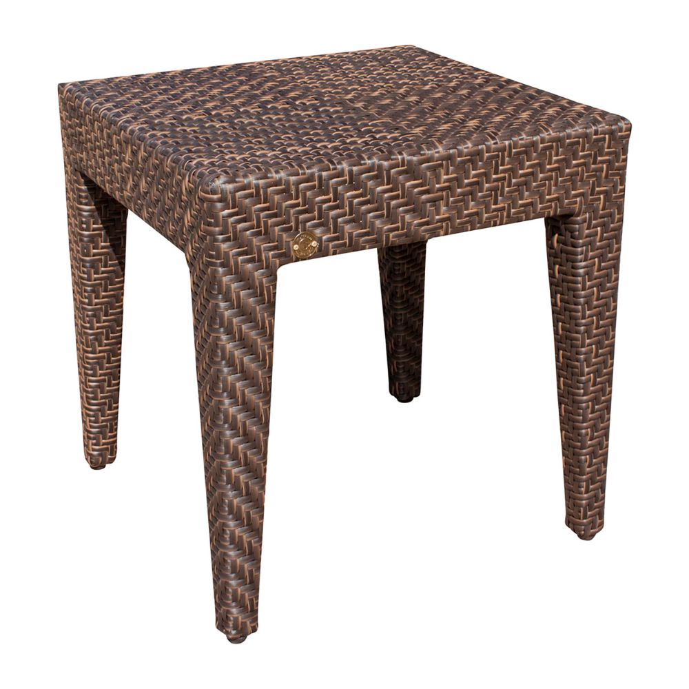 Woven brown side table on a white background