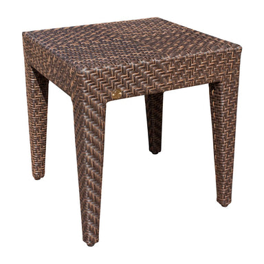 Woven brown side table on a white background