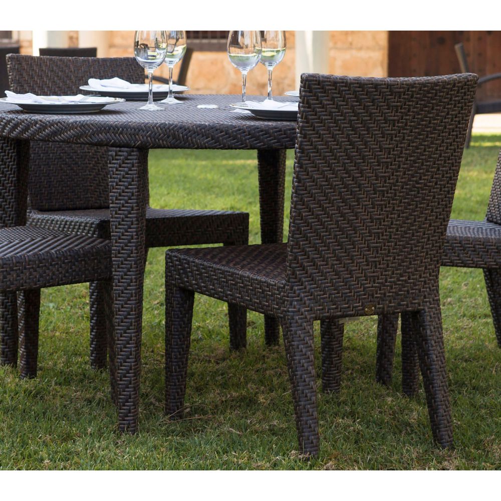 Outdoor dining set with wicker chairs and table on grass