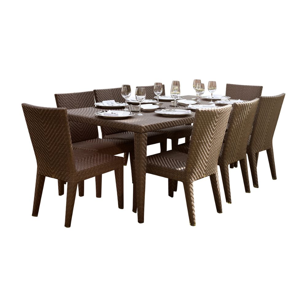 Brown outdoor dining set with table and chairs on a white background