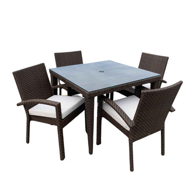 Outdoor furniture set with a square table and four chairs on a white background