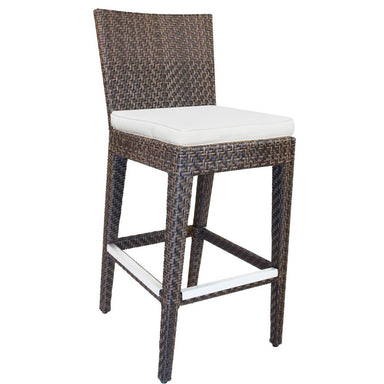 Bar stool with woven backrest and white cushion on a white background