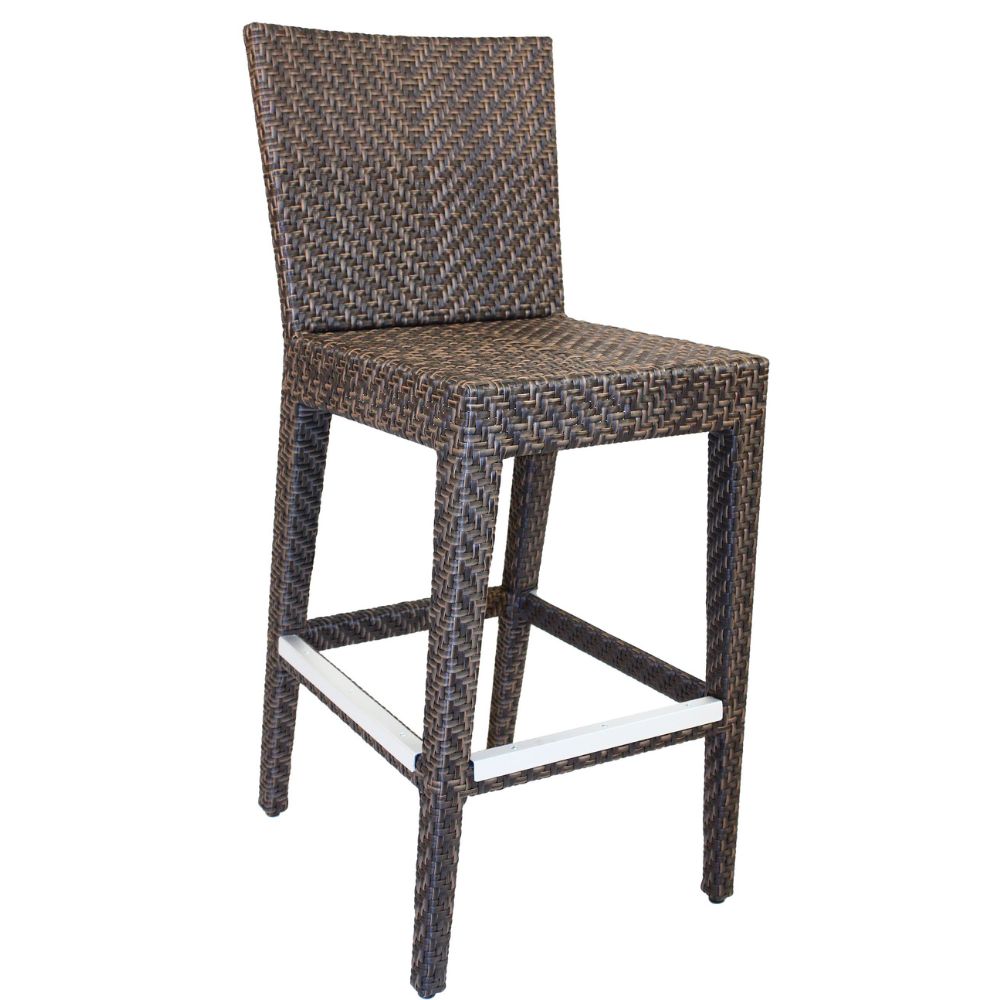 Wicker bar stool with a woven seat and backrest on a white background