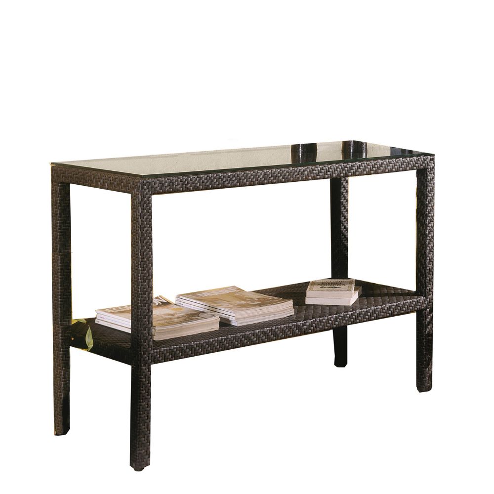 Wicker console table with a glass top and shelf on a white background
