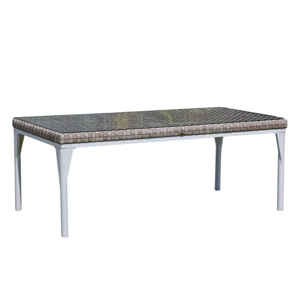 Rectangular outdoor table with woven top and metal legs on a white background