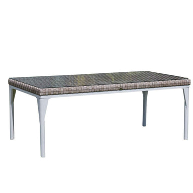 Rectangular outdoor table with woven top and metal legs on a white background