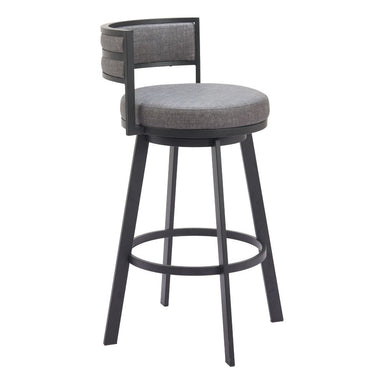 Bar stool with gray cushioned seat and backrest on a white background