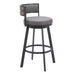 Bar stool with gray cushioned seat and backrest on a white background