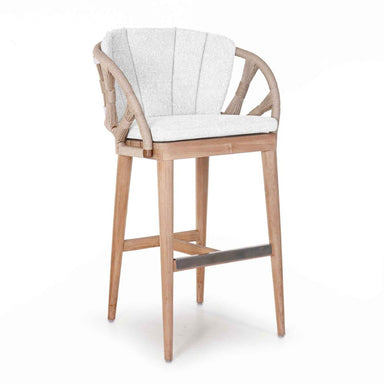 Wooden bar stool with white cushioned seat and backrest on a white background