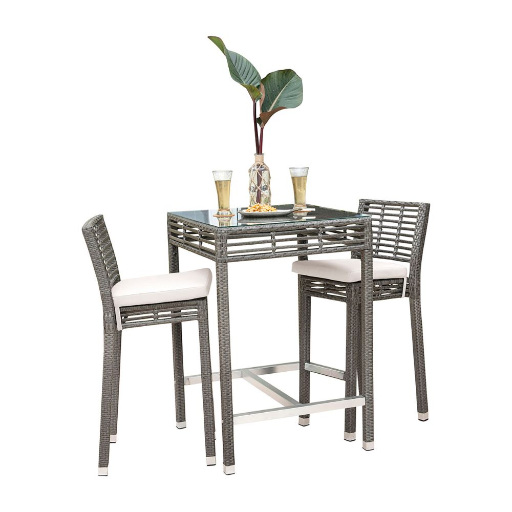 Outdoor dining set with a table and two chairs on a white background