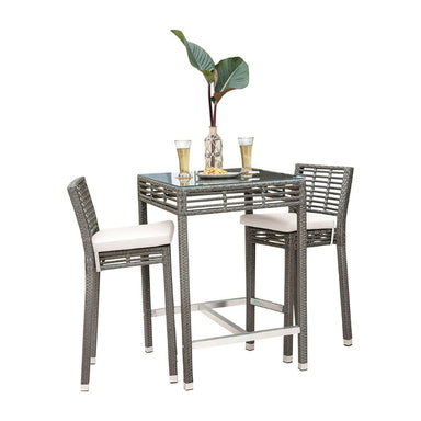 Outdoor dining set with a table and two chairs on a white background