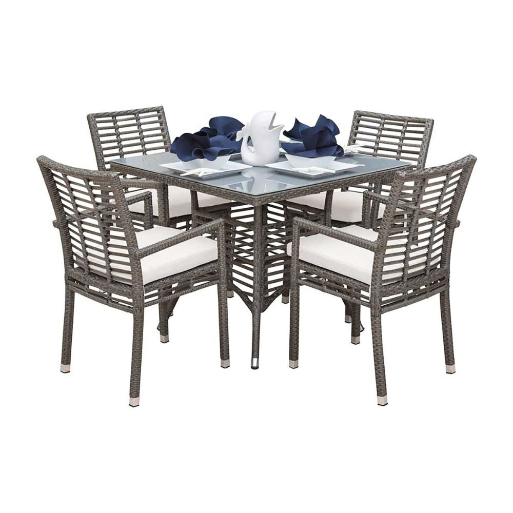 Outdoor dining set with a rectangular table and four chairs on a white background