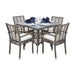 Outdoor dining set with a rectangular table and four chairs on a white background
