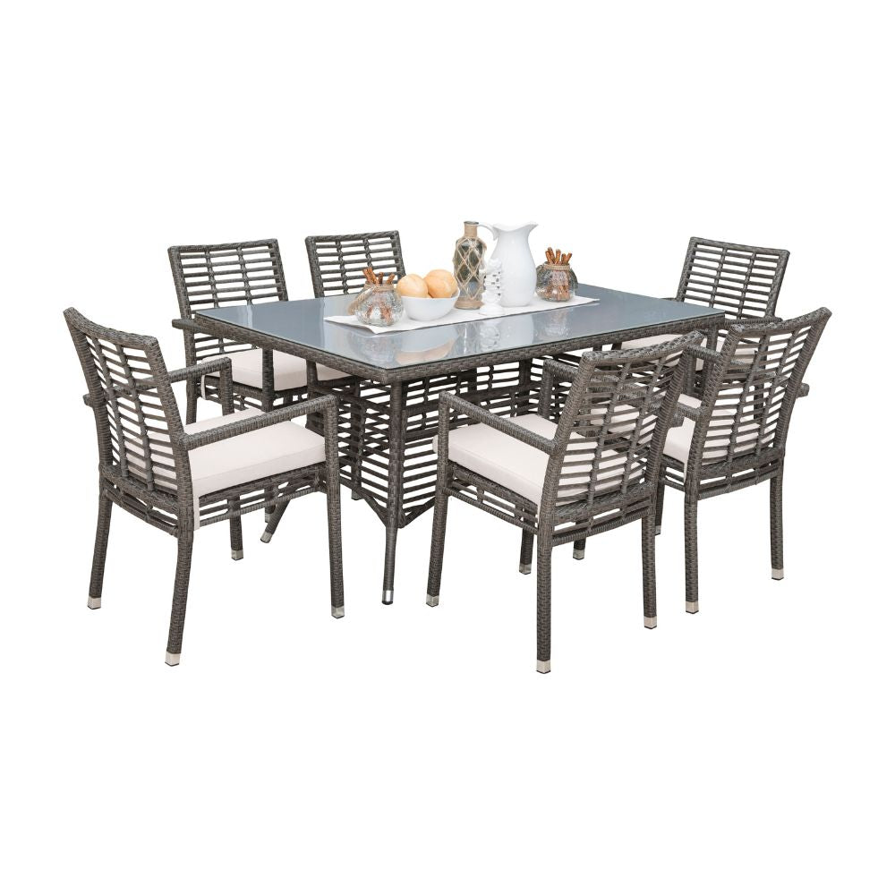 Outdoor dining set with a table and six chairs on a white background