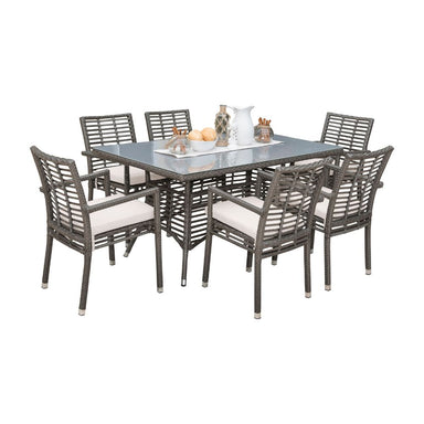Outdoor dining set with a table and six chairs on a white background