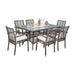 Outdoor dining set with a table and six chairs on a white background
