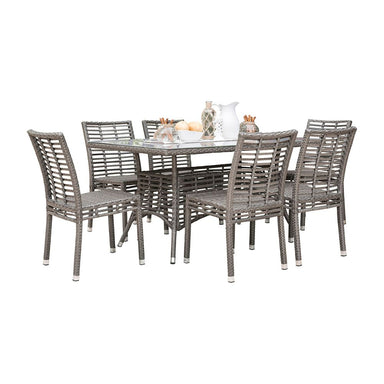 Outdoor dining set with a table and four chairs on a white background