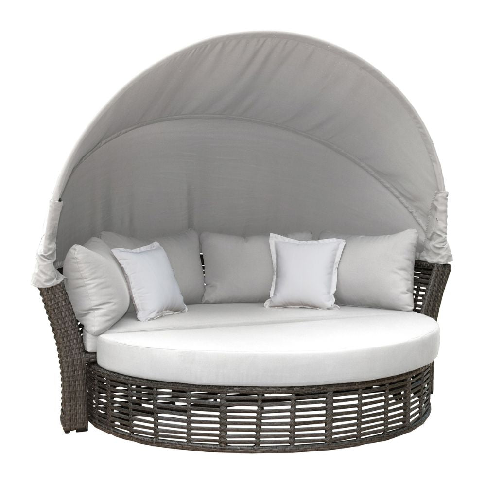 Round outdoor lounge chair with canopy and cushions on a white background