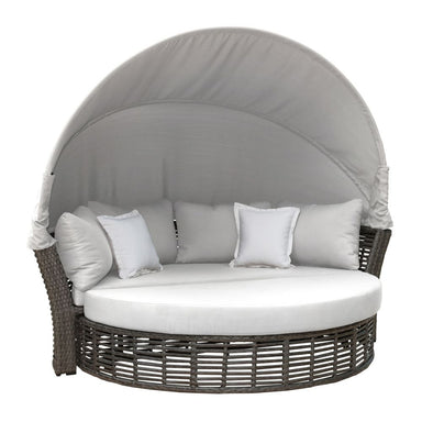 Round outdoor lounge chair with canopy and cushions on a white background