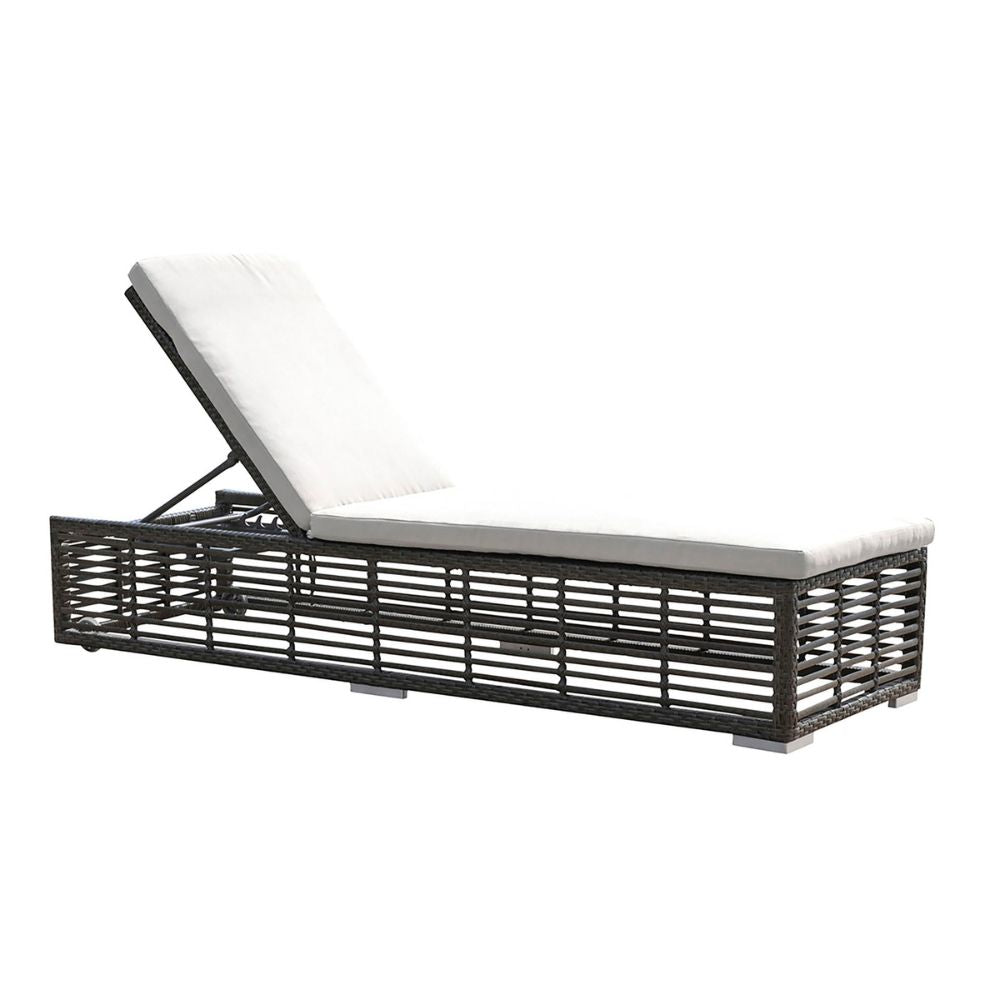 Black metal outdoor lounge chair with white cushion on a white background