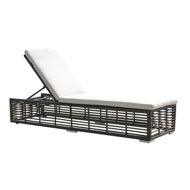 Black metal outdoor lounge chair with white cushion on a white background
